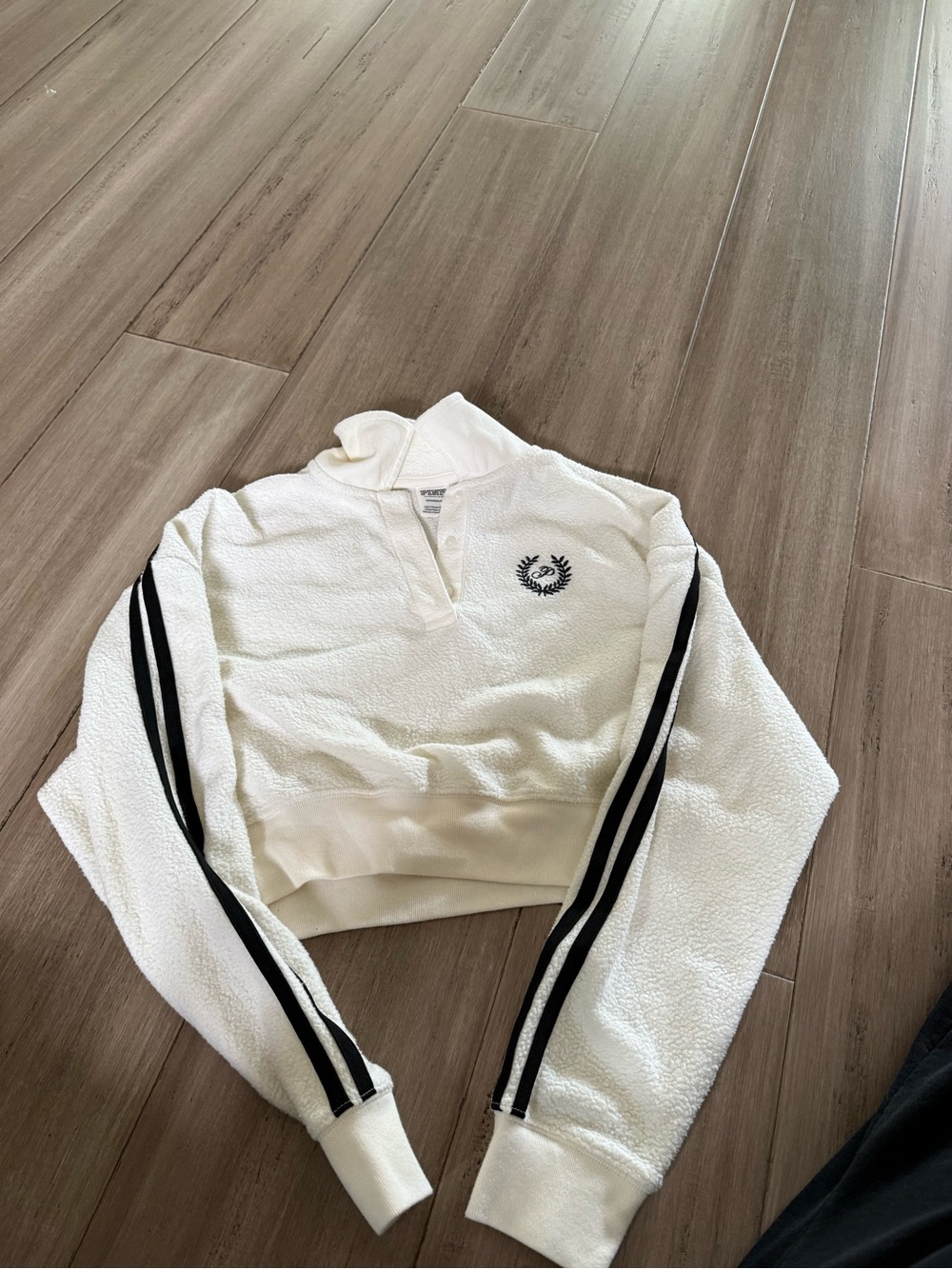 PINK Victoria's Secret White Sherpa Pullover with Black Stripe Sleeves